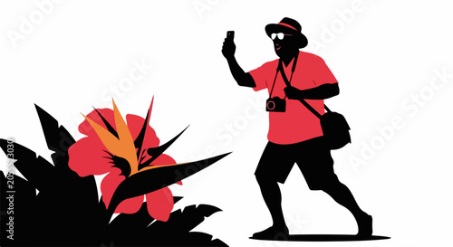 person walking with camera and tropical flower