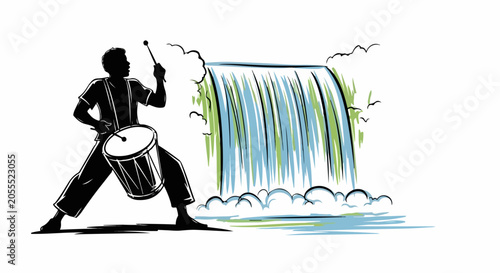 drummer playing by waterfall