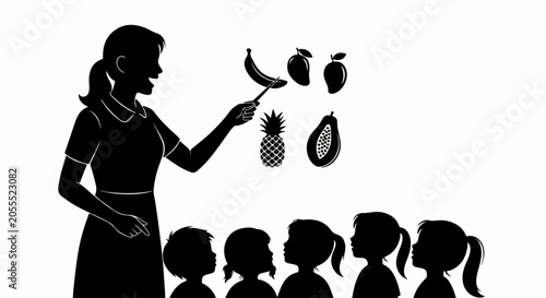 silhouette of teacher showing fruit to children