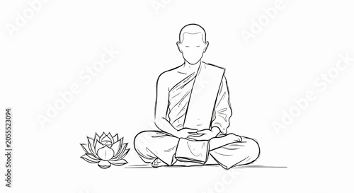 meditating buddhist monk with lotus flower