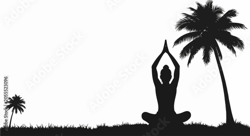 yoga silhouette in tropical landscape