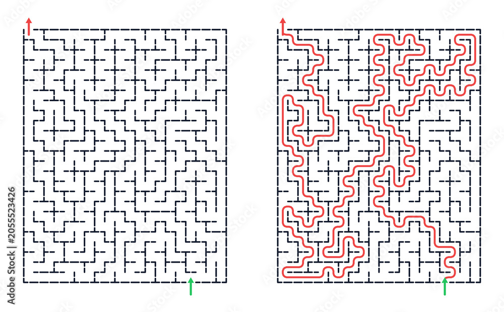 Fototapeta premium Rectangular maze for kids, medium difficulty printable logic game, find the way from start to exit, black and white line art, activity worksheet page with solution