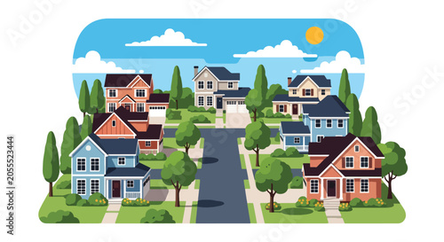 Canvas-taulu Flat style vector of a typical American suburban family house with landscaped la