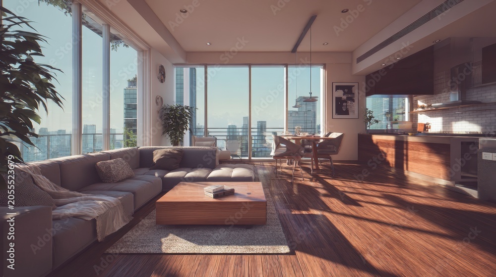 Fototapeta premium Modern Spacious Living Room with Stunning City View and Natural Light