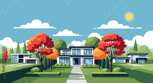 Fotografie Flat style vector of a Canadian family home surrounded by maple trees and landsc