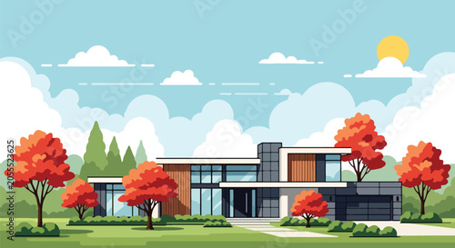 Obraz na płótnie Flat style vector of a Canadian family home surrounded by maple trees and landsc