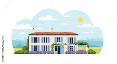 Bild auf Leinwand Flat style vector of a French country house with garden terrace and natural surr