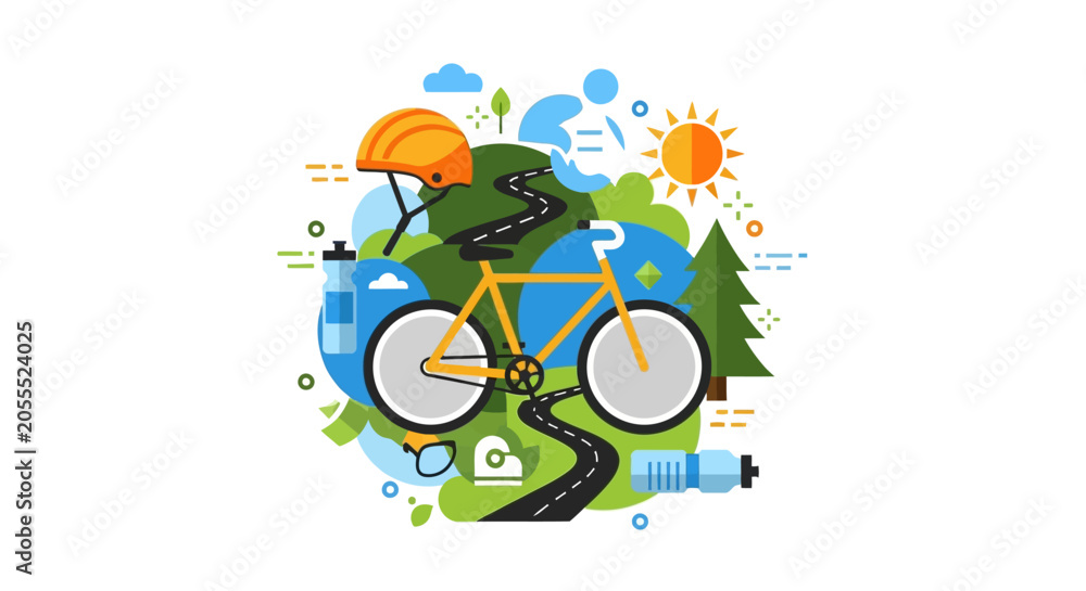Fototapeta premium Modern Cycling Adventure Flat Design Concept with Yellow Bicycle, Helmet, and Nature Elements for Active Lifestyle and Eco-friendly Travel