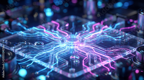 Futuristic quantum computing microchip with glowing neon blue and pink circuit paths processing digital data