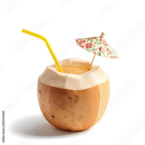 Refreshing Coconut Drink with Umbrella and Straw