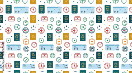 Foto Travel concept seamless pattern with passport, tickets, and stamps, flat vector