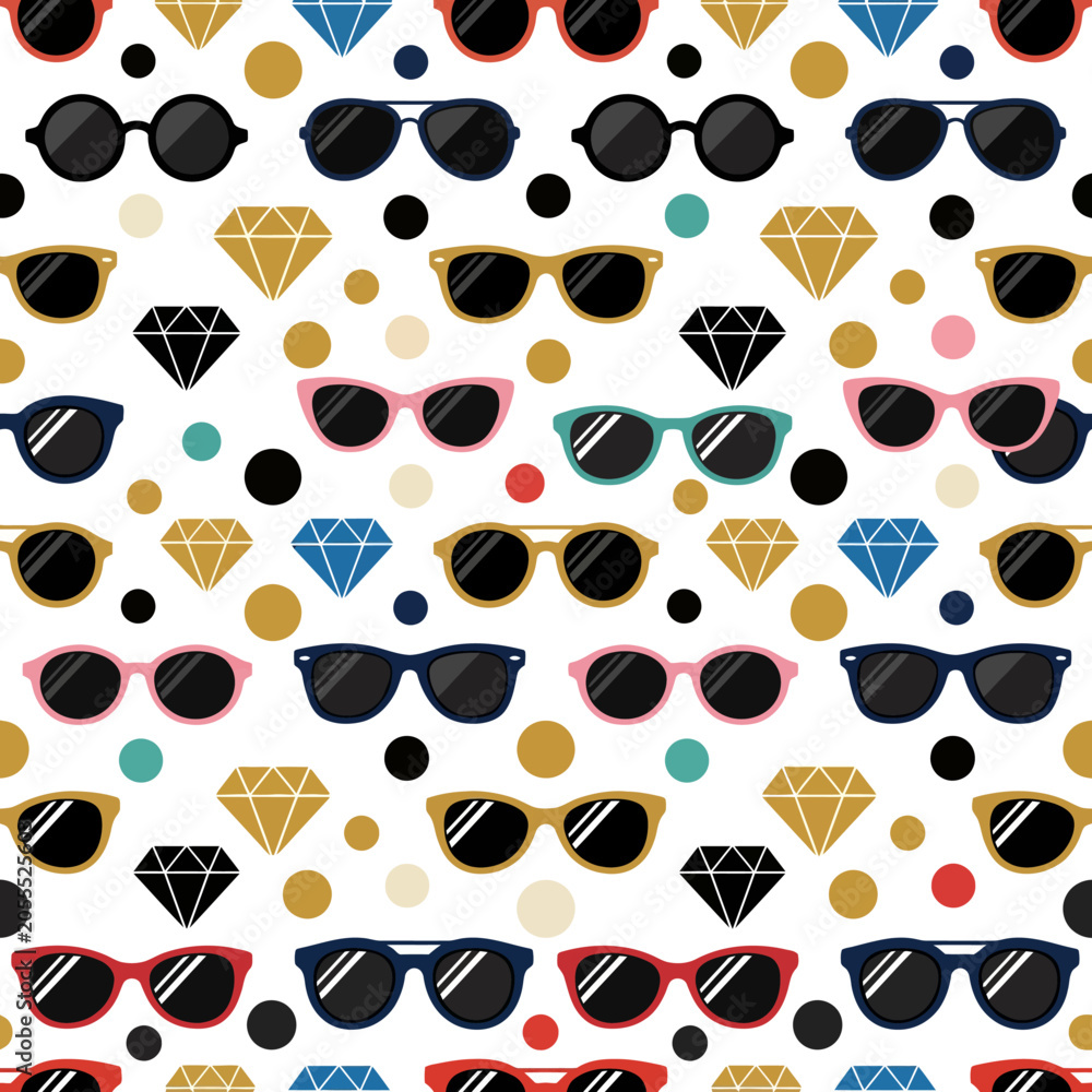 Fototapeta premium Colorful sunglasses and diamonds seamless pattern, graphic element, vector illustration