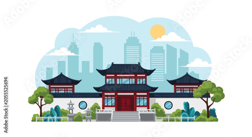 Принти на полотні Flat style vector of a Chinese courtyard-style house with trees and garden eleme