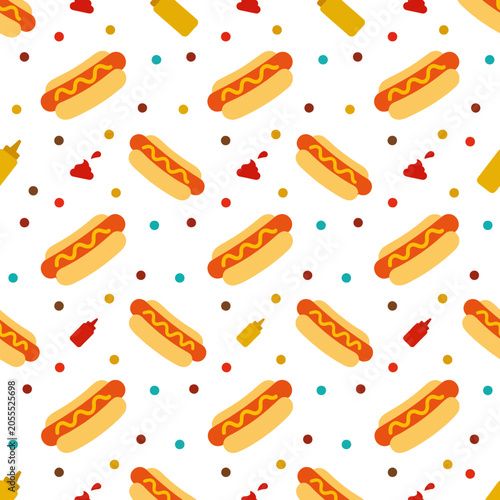 Cuadro en lienzo Seamless hot dog pattern with mustard and ketchup dots, flat graphic element