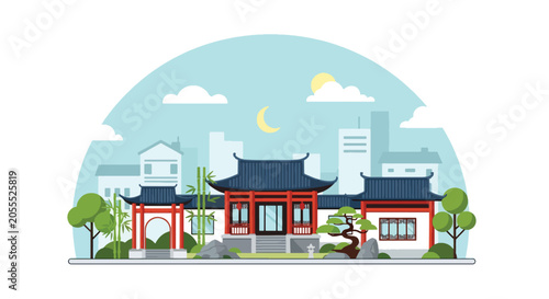 Photos Flat style vector of a Chinese courtyard-style house with trees and garden eleme