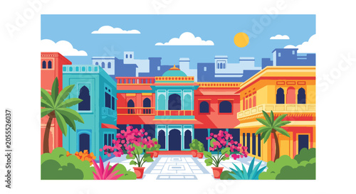 Fotografie Flat style vector of an Indian family house with colorful exterior details and g