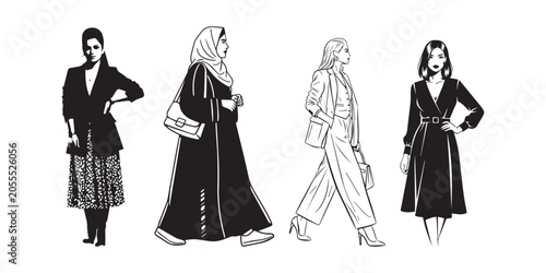 Quadro su tela Four stylish women wearing elegant dresses walking