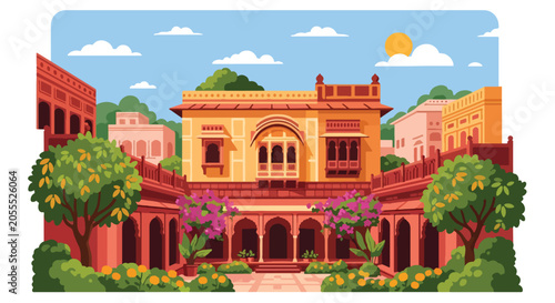 Obraz na płótnie Flat style vector of an Indian family house with colorful exterior details and g