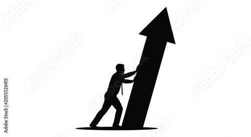 Bilde på lerret Man Pushing Upward Arrow Silhouette On White Background