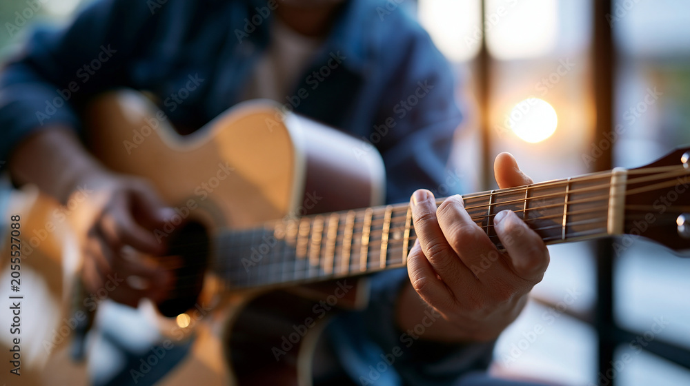 Fototapeta premium A musician plays softly a calm guitar on a bright stage in soft daylight guitar performance open face bright stage daylight workspace soft guitar music moment playing pose