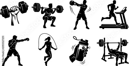 Fotografie Fitness and gym workout icon set featuring black vector silhouettes of bodybuild