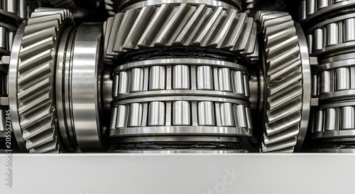 Close up of interlocking metal gears and bearings in a mechanical assembly