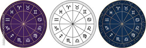 Foto Zodiac wheel and astrology horoscope symbol vector set featuring twelve star sig