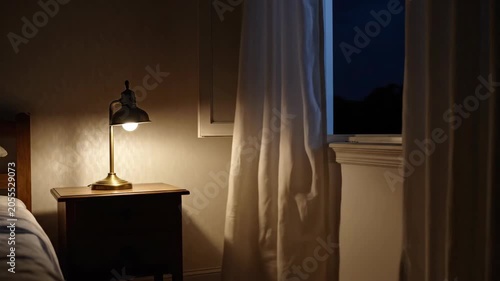 Cozy bedroom interior at night with a lit bedside lamp and sheer curtains blowing in the wind =