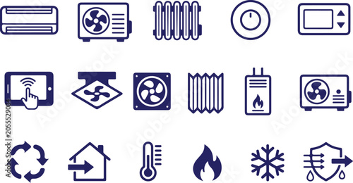 Bild auf Leinwand Hvac and climate control system icons set with conditioner ventilation temperatu