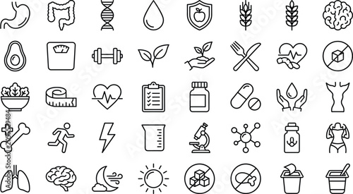 Foto Nutrition and healthy lifestyle line icon set featuring human organs dietary res
