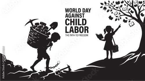 World Day Against Child Labor vector illustration, silhouette of boy working in mines and girl studying, social justice concept for human rights