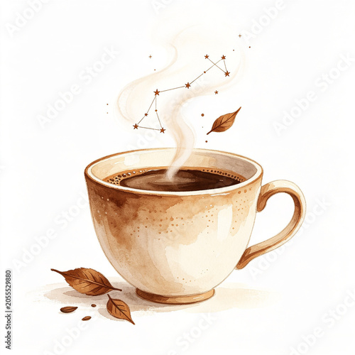 Steaming cup of coffee with autumn leaves and a constellation in the rising steam, watercolor illustration