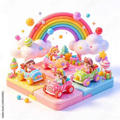 Cute cartoon children racing colorful cars under a vibrant rainbow and fluffy clouds with gifts and candy decorations