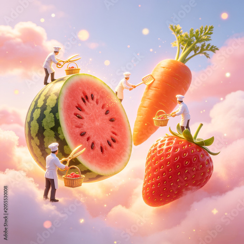 Whimsical chefs prepare giant fruits and vegetables in a surreal sky filled with clouds and sparkles