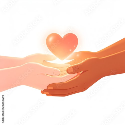 Two hands one light skin tone one dark skin tone cupping together to hold a glowing heart symbolizing love unity and compassion