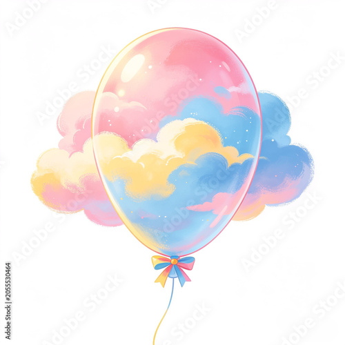 Whimsical balloon filled with colorful clouds and stars floating against a white background with soft pastel clouds