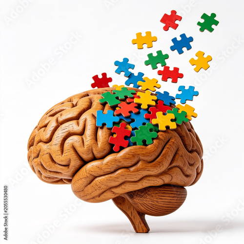 Wooden brain model with colorful puzzle pieces falling onto it representing cognitive function and mental health concepts
