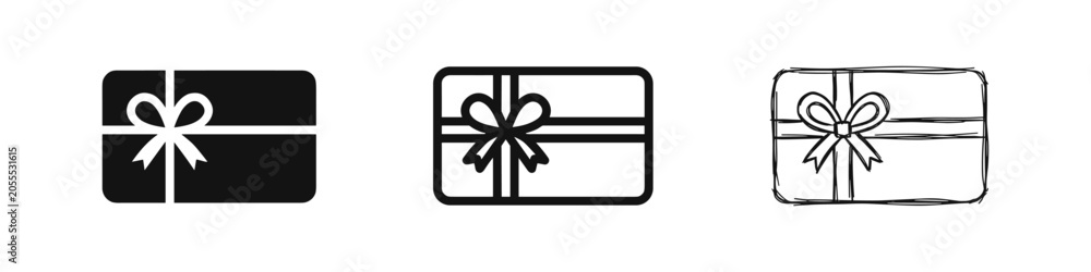 Obraz premium Gift Card or Present Icon Set with Ribbon Bow in Solid, Outline, and Hand-Drawn Styles