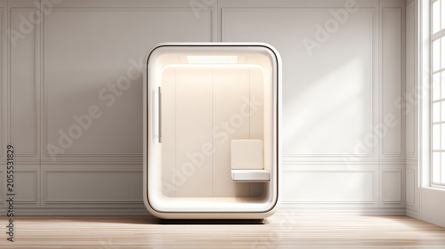 Modern soundproof booth ideal for quiet workspaces or personal retreats within contemporary interior design.