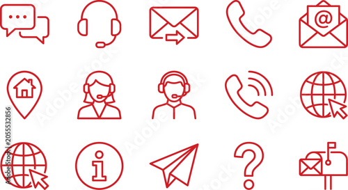 Set of red line icons for business communication and customer service support with customer communication information internet business collection minimalist envelope location operator