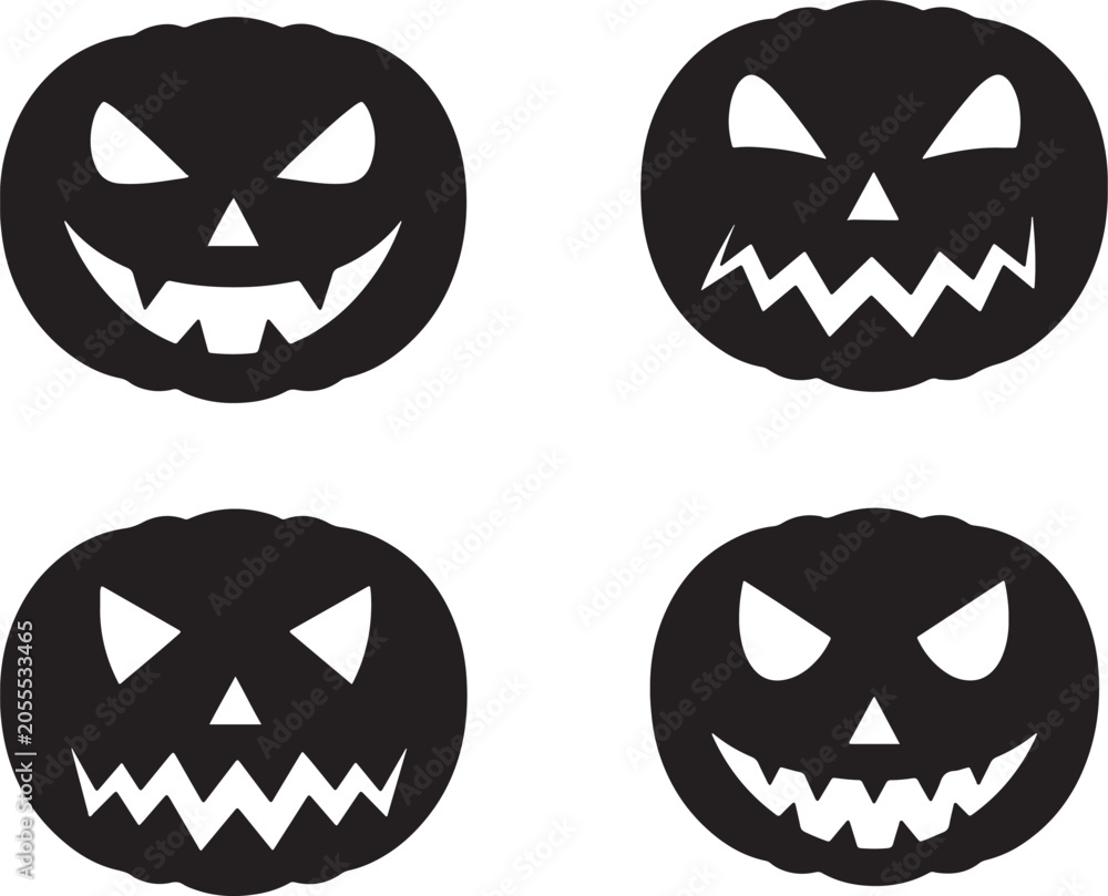 Obraz premium Four also transparent background, black and white, jack-o'-lantern faces with, varied expressions, minimalist line