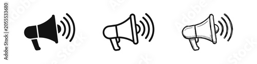 Photos Megaphone bullhorn icon set in solid, outline, and sketch styles.