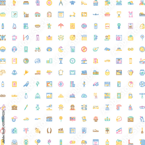 Foto Collection of colorful outline icons showing diverse everyday objects, activitie