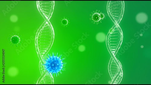 Dna helix and virus cells animation: medical science research and genetic engineering concept