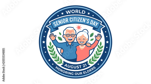 World Senior Citizen's Day commemorative badge featuring elderly couple.