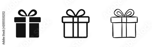 Obraz na plátne Present icons set featuring gift boxes in flat, linear, and hand-drawn doodle styles for festive decorations