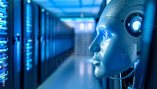 Close up of a humanoid robot head in a server room. The robot has blue glowing eyes and is looking to the right. The server room is filled with racks of servers, illuminated by blue light