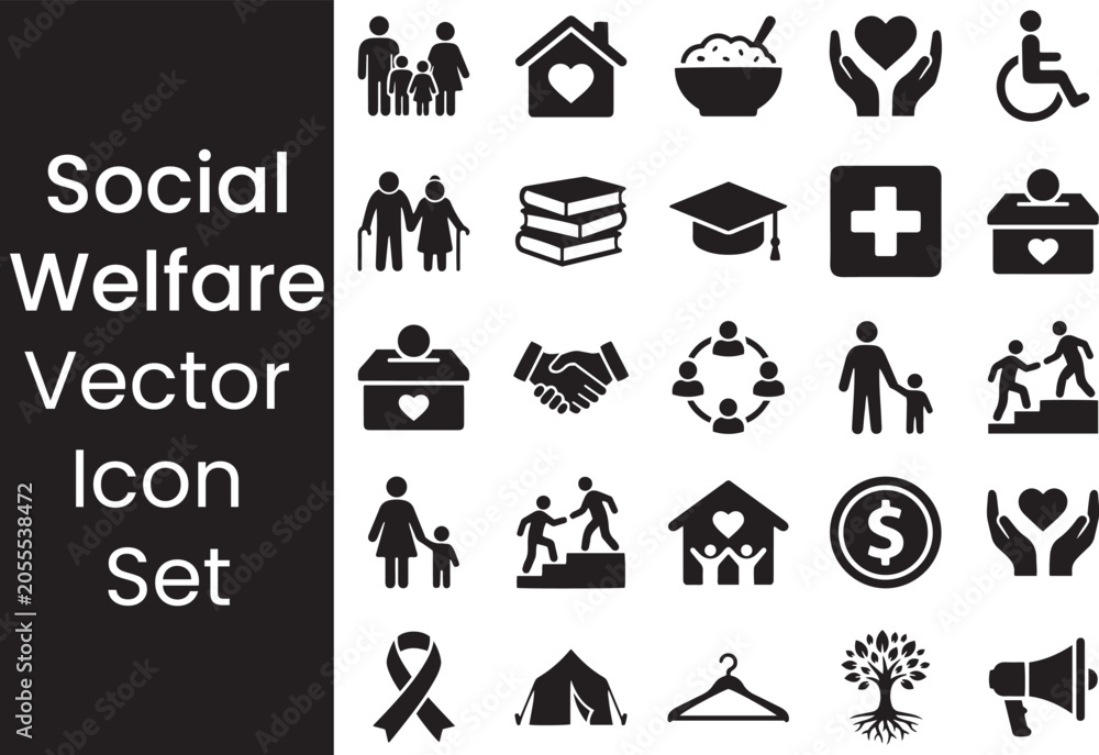 Fototapeta premium Social services icons, grouping people, children, housing, helping hand, community center.