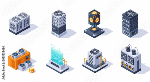 Isometric illustration of modern data center server racks and computers.