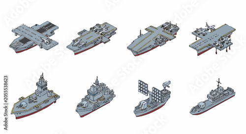 Isometric illustration of various military naval ships and aircraft carriers.